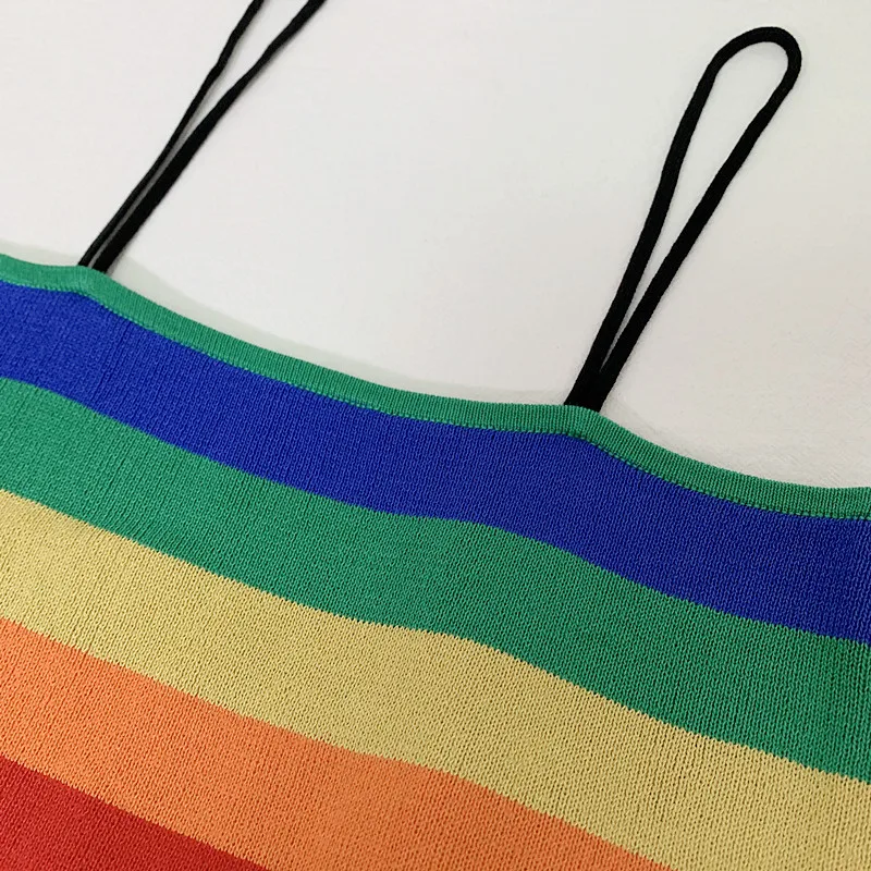 Rainbow Stripe Knit Cami Top Women Boho Stretchy Vintage Slim Fit Summer Vests Spaghetti Strap Cute Crop Tops Mujer Verano 2019 | Женская