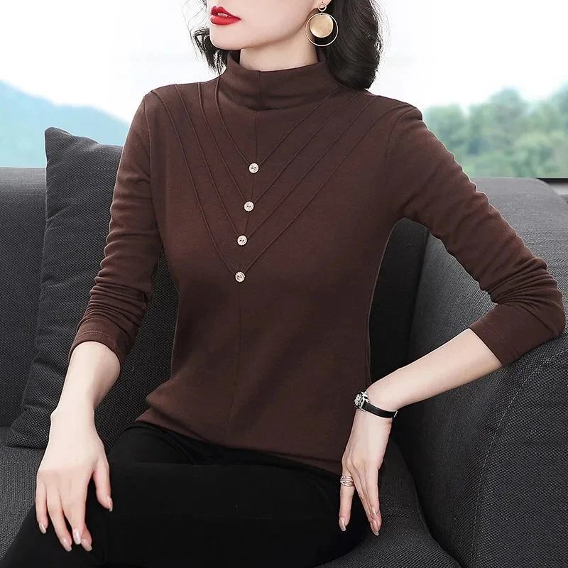 

2021 Winter add Velvet Warm Long sleeve T-Shirt Women Turtleneck Office Ladies base Tops Middle old aged Plus size 4XL Tee