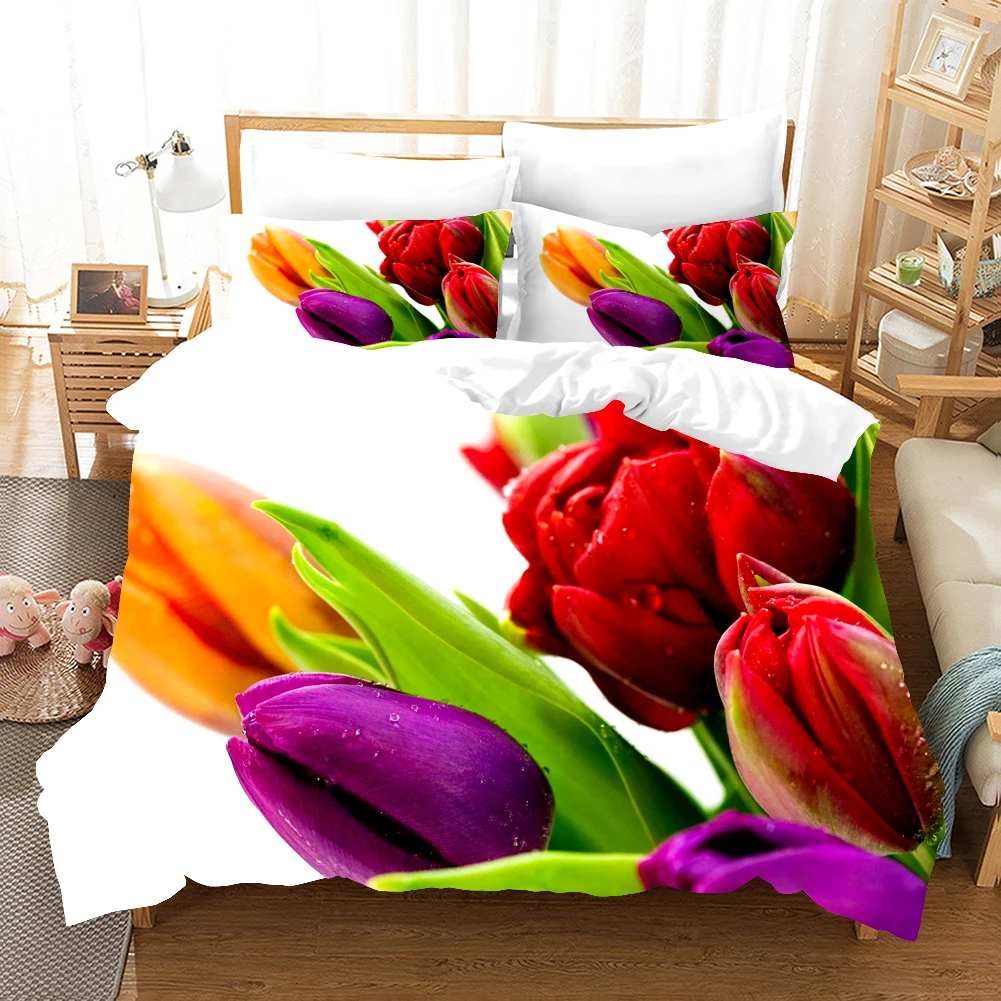 

Flower Pink Tulip Bedding Set Queen Size Elegant Scenery 3d Duvet Cover Set Comforter Bed Linen Decor Adults Home Textiles