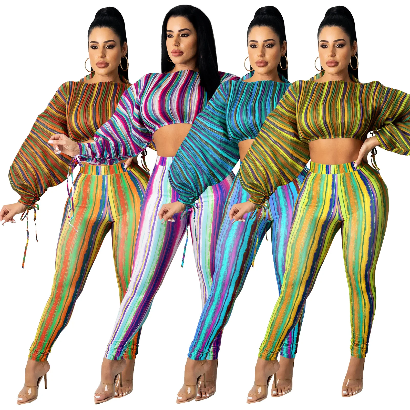 

Echoine Colorful Striped Print Lantern Sleeve Crop Top Pants Set Casual Sexy Bodycon Party Outfits Streetwear Two Piece Set