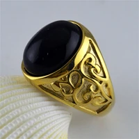 mens obsidian ring retro vintage classic design black stone pattern steel rings new fashion