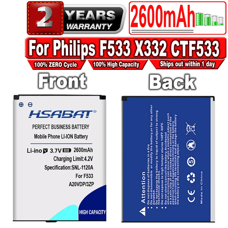 

HSABAT A20VDP/3ZP 2600mAh Battery for Philips F533 X332 CTF533 CTX332 Batteries
