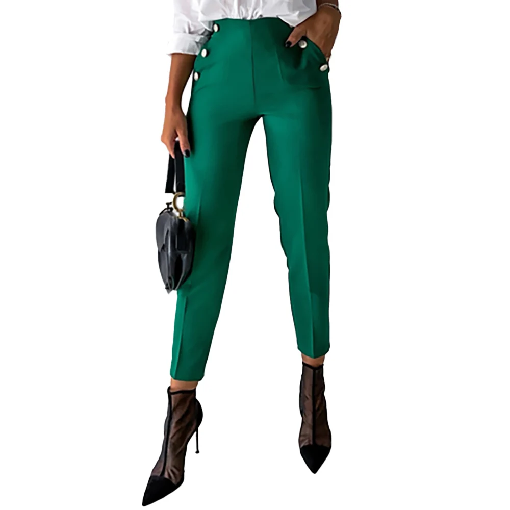 

Street Style Women Button Buckle Pockets Ankle-Length Pant Slim Fit Classic Trousers Elastic Waist Elegant Autumn Pencil Pant