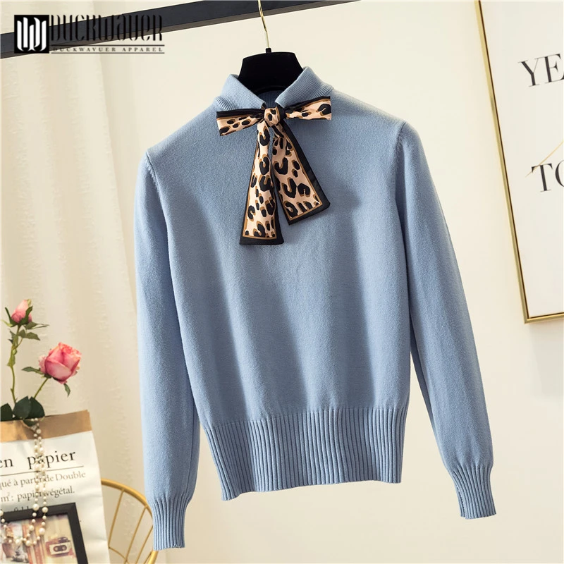 Duckwaver Autumn Winter Women's Sweater Leopard Bow Tie Scarf Slim Long-Sleeved Women Knitted Turtleneck | Женская одежда