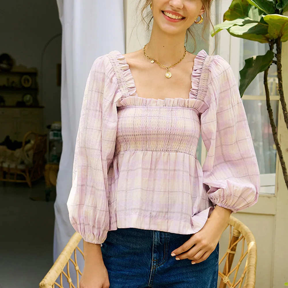 

Женская блузка с длинным рукавом, Повседневная Блузка с квадратным вырезом, цветным блочным рукавом-фонариком и принтом, весна-лето 2022