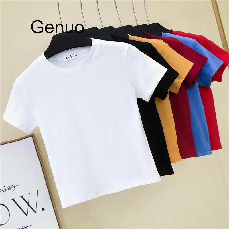 

Crop Top T-Shirt Female Solid Cotton O-Neck Short Sleeve T-shirts For Women High Waist Slim Short Sport Blanc Femme T-Shirt