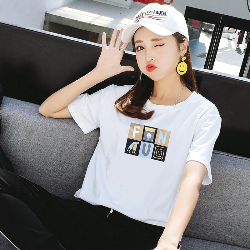 

XUXI 2019 Woman Short Sleeve Summer Wear White T-shirt Western Style Letter Pattern Printing TShirt Couple Women T Shirts FZ785
