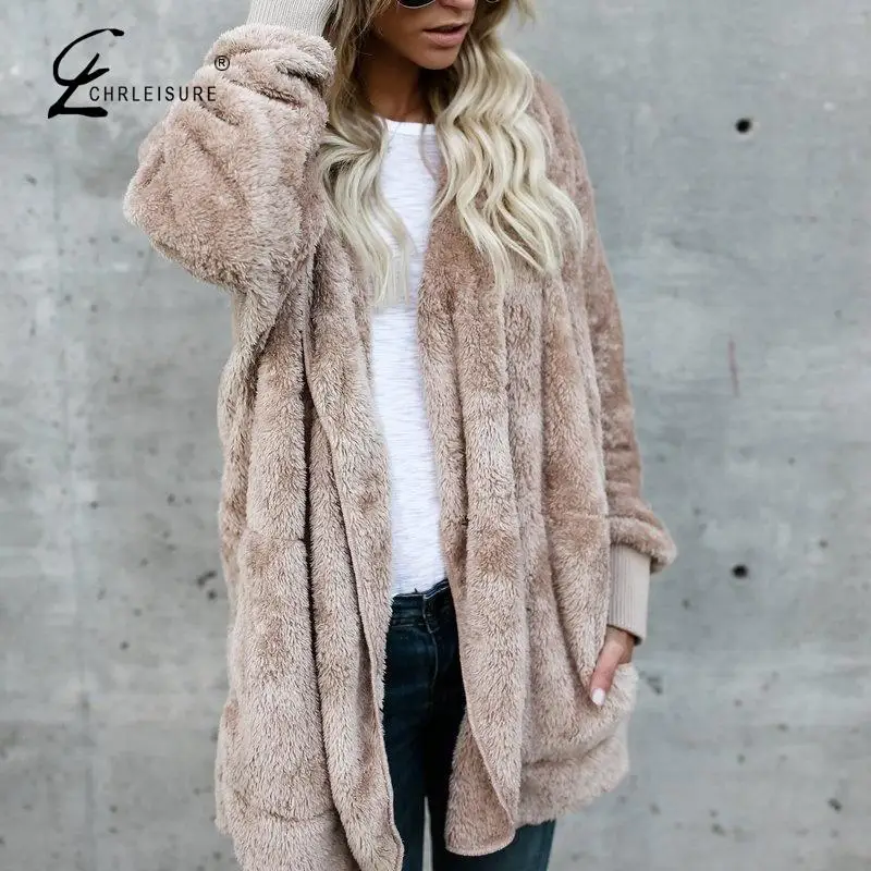 Женский плюшевый кардиган с капюшоном свитер пальто Winte размера плюс длинный