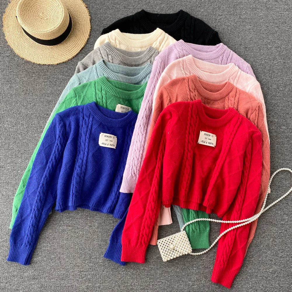 

Женский трикотажный пуловер с круглым вырезом, с длинным рукавом