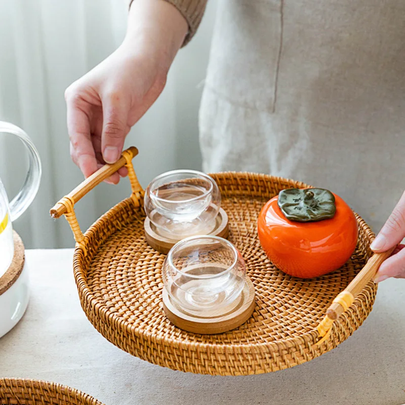 

Лоток для хранения из ротанга, круглая корзина с ручкой, плетеный лоток из ротанга, плетеная корзина для хлеба, фруктов, еды, завтрака, S/M/LL