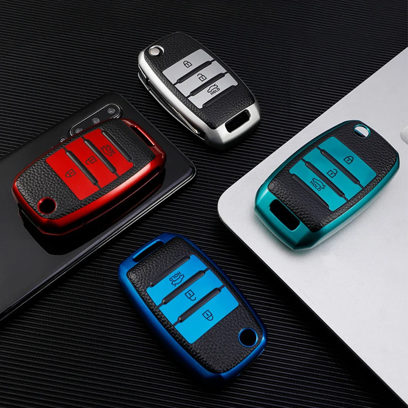 Чехол для автомобильного ключа из ТПУ и кожи с 3 кнопками Kia Rio K2 Ceed Cerato K3 Sportage 4 Picanto