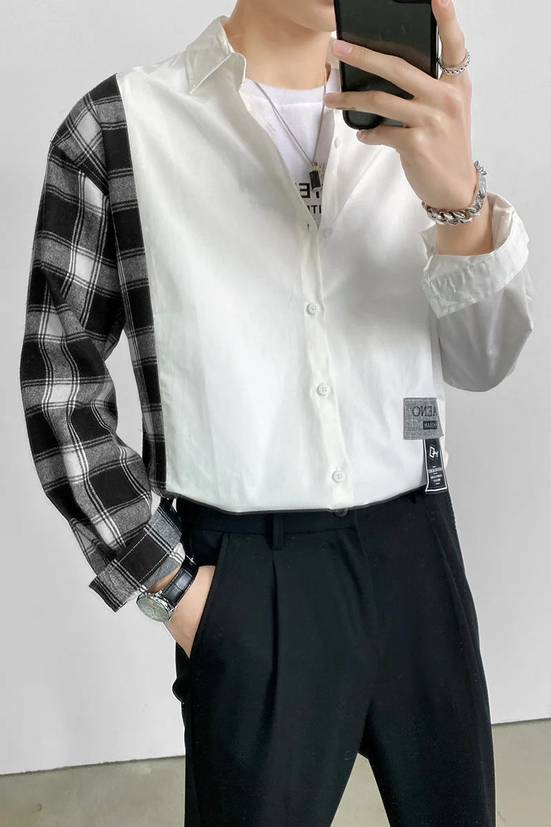 

Fashion 2021 Spring New Spliced Design Plaid Long Sleeve Loose Shirts for Men Clothing Simple Streetwear Casual Blouse Homme 3XL