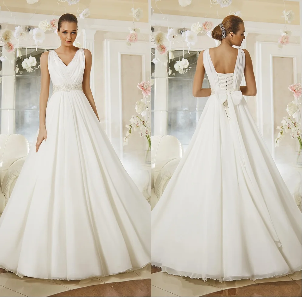 

Deep V Neck Chiffon Wedding Dresse Big Bow Bridal Dresses A Line Dresses For Wedding Gows With Beaded Sash Свадебное лае 2021