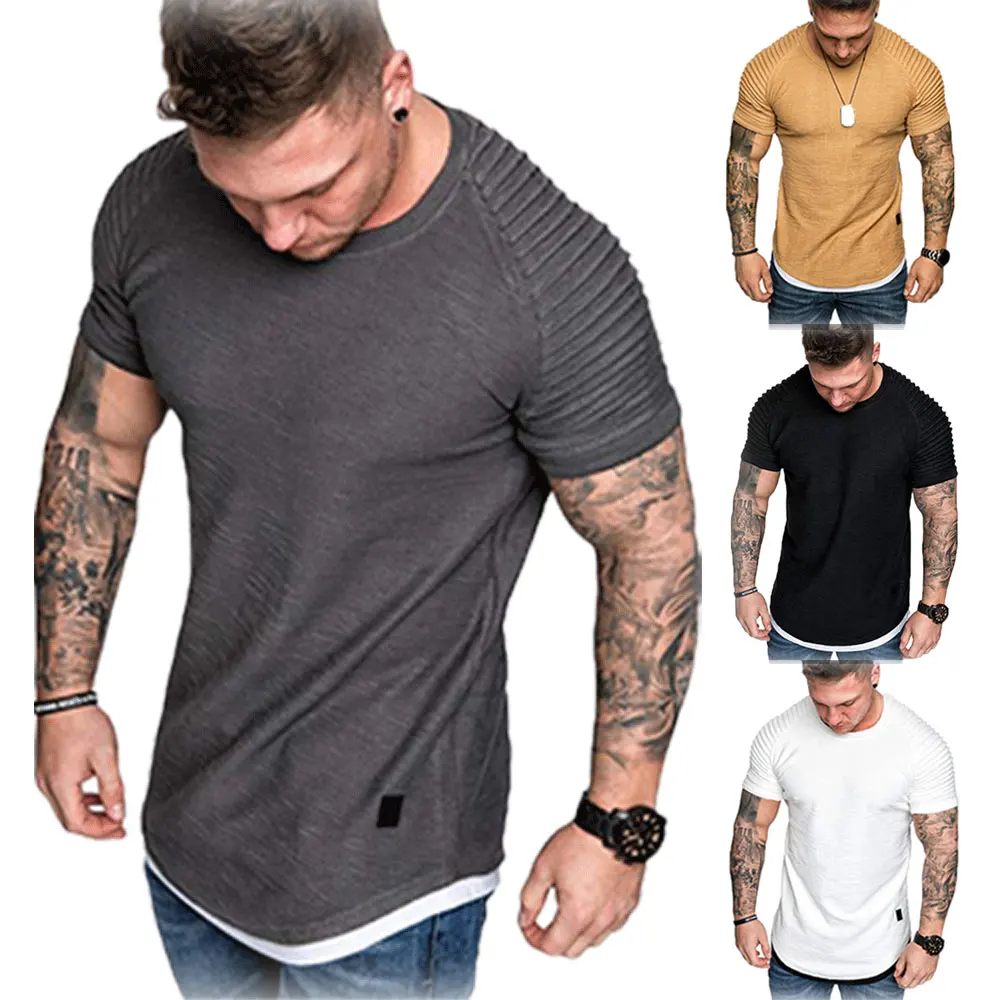 

New Men's T-Shirts Pleated Wrinkled Slim Fit O Neck Short Sleeve Muscle Solid Casual Tops Shirts Summer Basic Tee