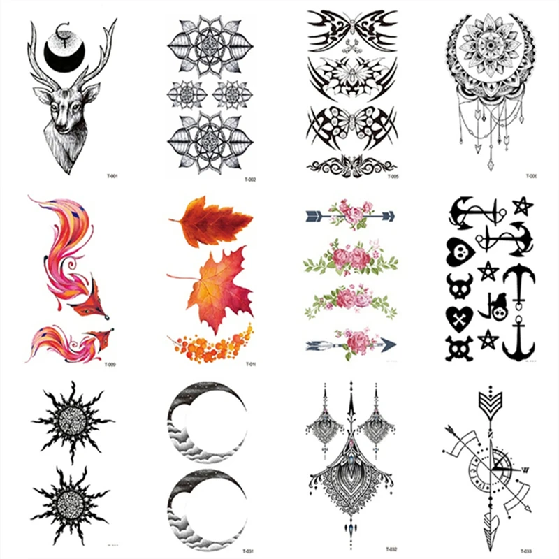 Temporary Tattoo Stickers, Men's And Women's Waterproof False Tattoos, Deer Head, Sun Tattoos, Flowers And Round Grid Stickers