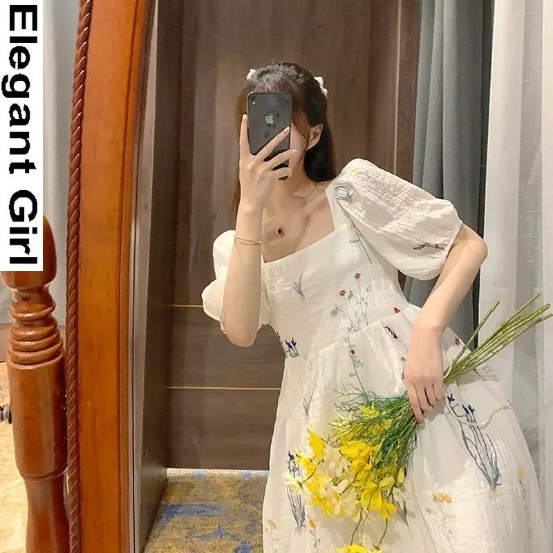 

Women Summer Casual Backless Elegant Dress 2021 Print Sweet Beach Sexy Party Midi Dress Boho Puff Sleeve Korean Fashion Clothing