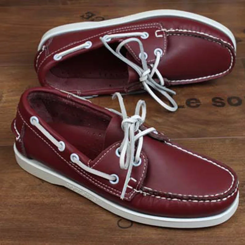 Mens Casual Genuine Leather Docksides Deck Lace Up Moccain Boat Loafers Shoes Driving Fashion men's Wine red | Обувь
