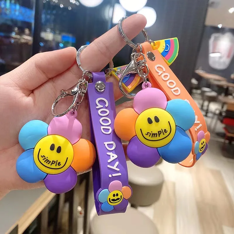 

South Korea Ins Colorful Sunflower Keychain Cute Smiling Face Doll Package Bag Pendant Car Key Accessories Decoration Keyring