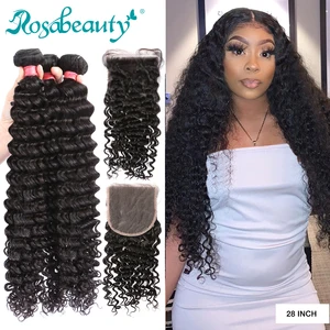 Rosabeauty 30 32 дюйма Глубокая волна пряди с закрытием перуанские Remy человеческие волосы ткет вьющиеся волосы и 5X5 HD кружевное Закрытие Фронтальная