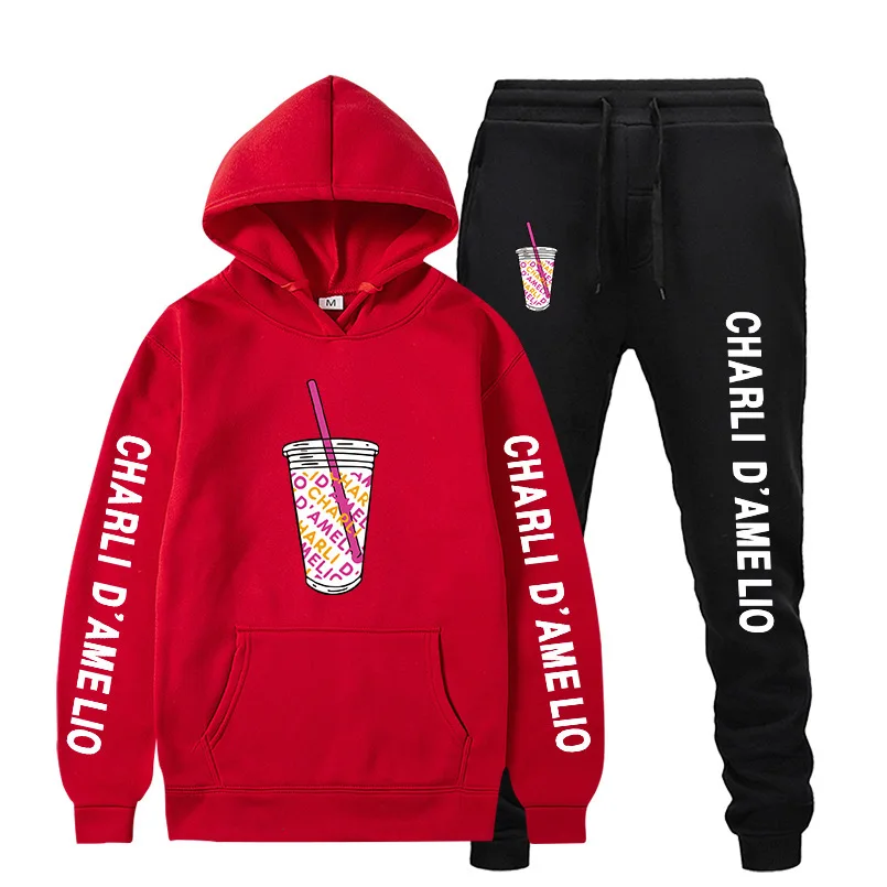 

2-Piece Set Lce Coffee Splatter Hoodies Sweatpants Suit Tracksuit Men Women Sweatshirt New Charli DAmelio Pullover Jogging Pants