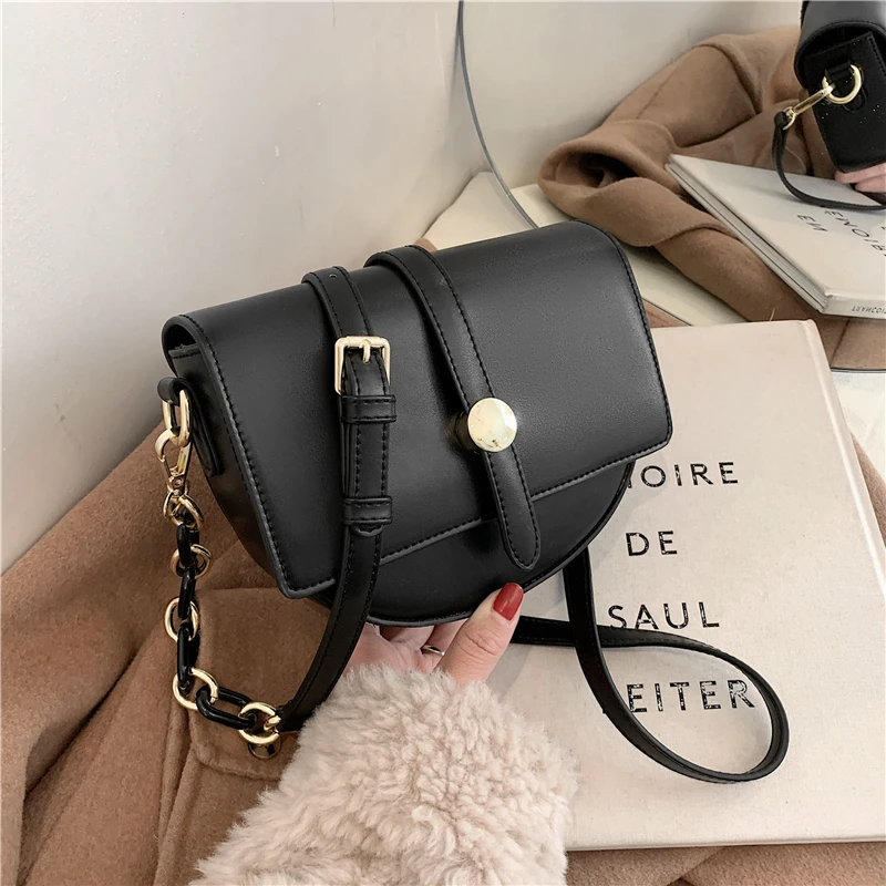 

Vintage Small Saddle Chain Crossbody Bags For Women Simple Solid Color High Quality Semicircle PU Leather Female Shoulder Bags