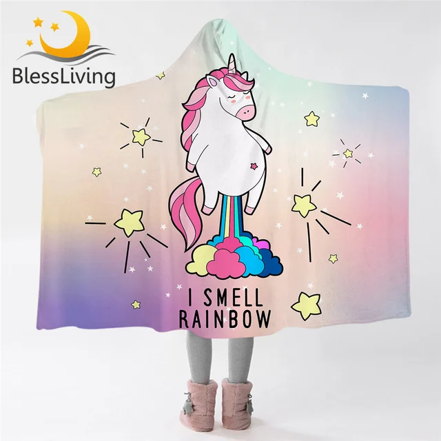 BlessLiving Cute Unicorn Hooded Blanket I Smell Rainbow Pink Blue Throw Blanket Sherpa Fleece Cartoon Wearable Blanket With Hat 1