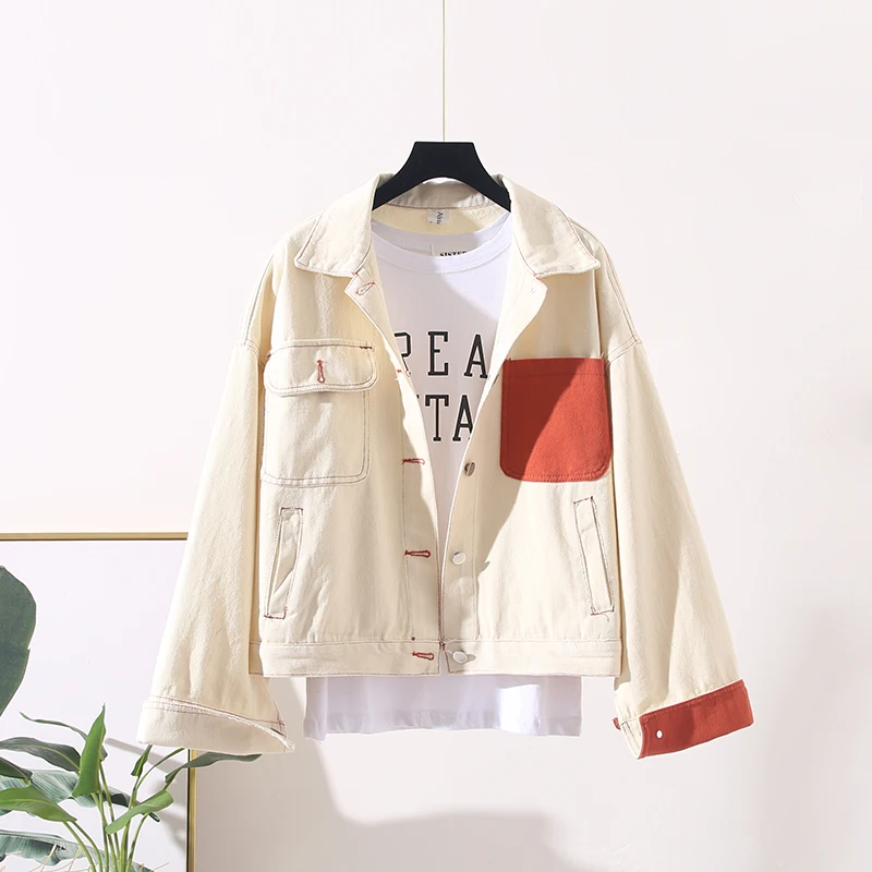 Женская ВИНТАЖНАЯ ДЖИНСОВАЯ КУРТКА свободного покроя с отворотом однобортная