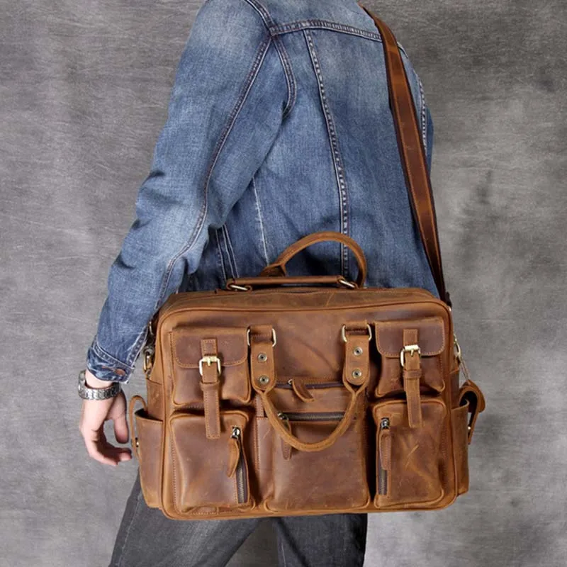 

Мужской винтажный портфель из натуральной кожи Crazy Horse 15,6 дюйма, деловая сумка из воловьей кожи, сумка-мессенджер для ноутбука, большая дорож...