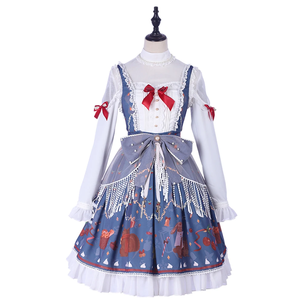 

Japanese princess sweet lolita dress vintage lace bowknot cute printing victorian dress+high collar lolita top kawaii girl set