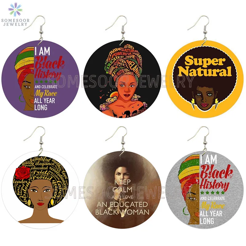 

SOMESOOR Super Natural Hair Afro Wooden Drop Earrings Black Race History Woman Headwrap Designs Printed Jewelry For Women Gifts