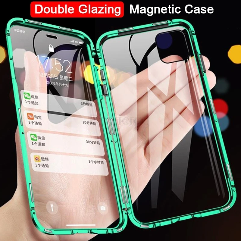 Магнитный металлический чехол 360 для iphone 11 Pro X XR XS MAX двухсторонний из закаленного
