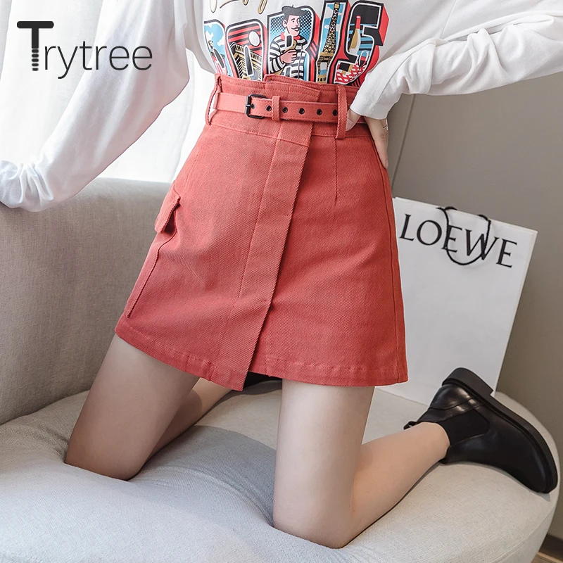 Trytree Autumn Women Casual Empire Short Skirt 5 Colour A-line Fashion Elegant Pockets Button Belt Mini Office Lady Short Skirt