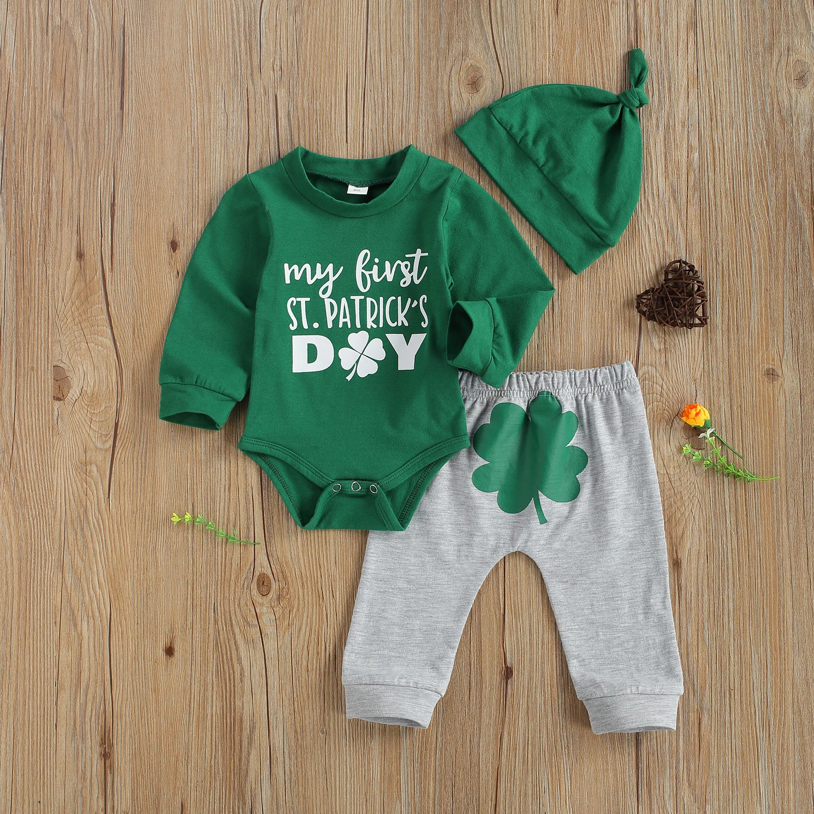 

2021 0-18M St. Patrick's Day Infant Baby Boy Clothing Letter Print Long Sleeve Green Romper Top+Clover Harem Pants+Hat 3pcs Set