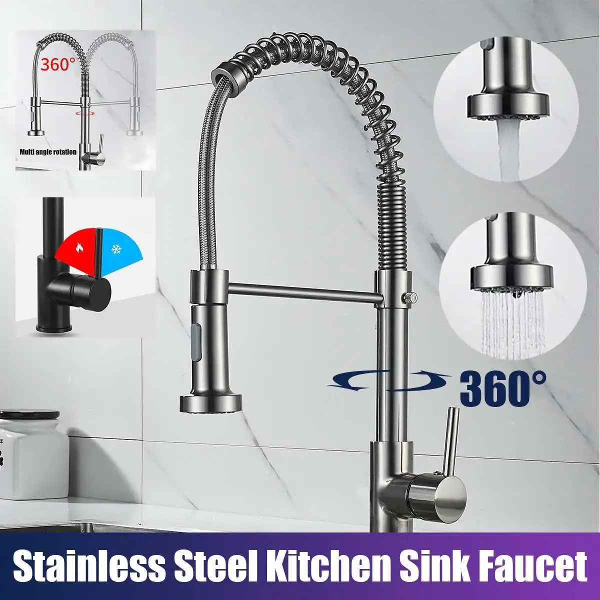 

Polished Stainless Steel Black Single Handle Kitchen Basin Faucet 360 Rotating Cold and Hot Water Mixer Tap Deck Mounted