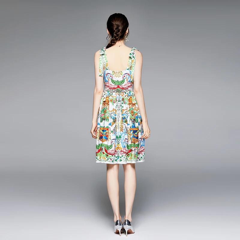 

Woman Summer Elegant Temperament Dresses Female Casual Fashion High Waist Sundress Robe Ladies Vintage Print Strappy Dress