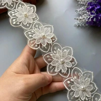 2 yard ivory 5 5cm pearl double flower embroidered lace trim applique fabric ribbon diy sewing craft for costume hat decoration