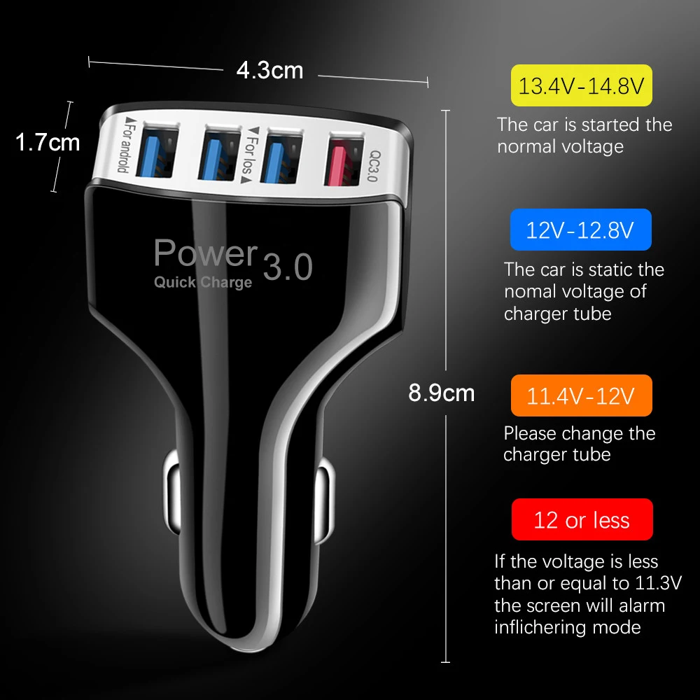 Car Charger Quick Charge 3.0 Phone Fast Charging 4 Ports USB Portable Chargers for iPhone 12 Pro Cables QC | Мобильные телефоны и