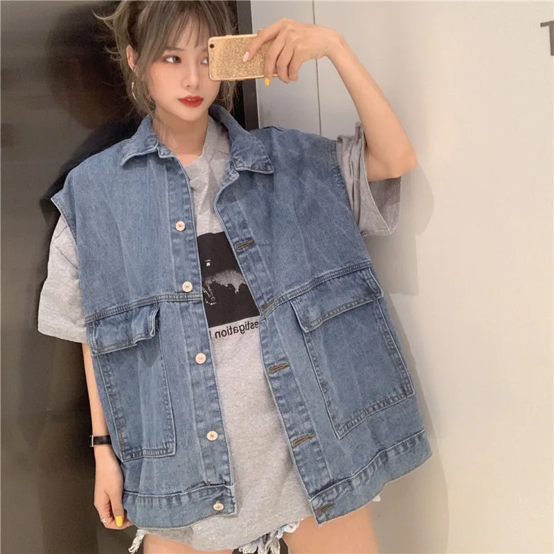 

Light Blue Jeans Coats Women Jackets 2021 Autumn Summer Korean Lapel Denim Jacket Waistcoat Loose Sleeveless Casual Jeans Jacket
