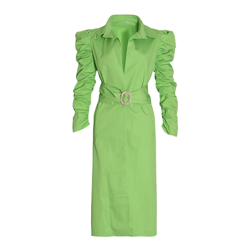 CHICEVER/осеннее платье трапециевидной формы для женщин, высокая талия с поясом, воротник с отворотом, пышные рукава, подол, разрезные платья, женская модная новая одежда