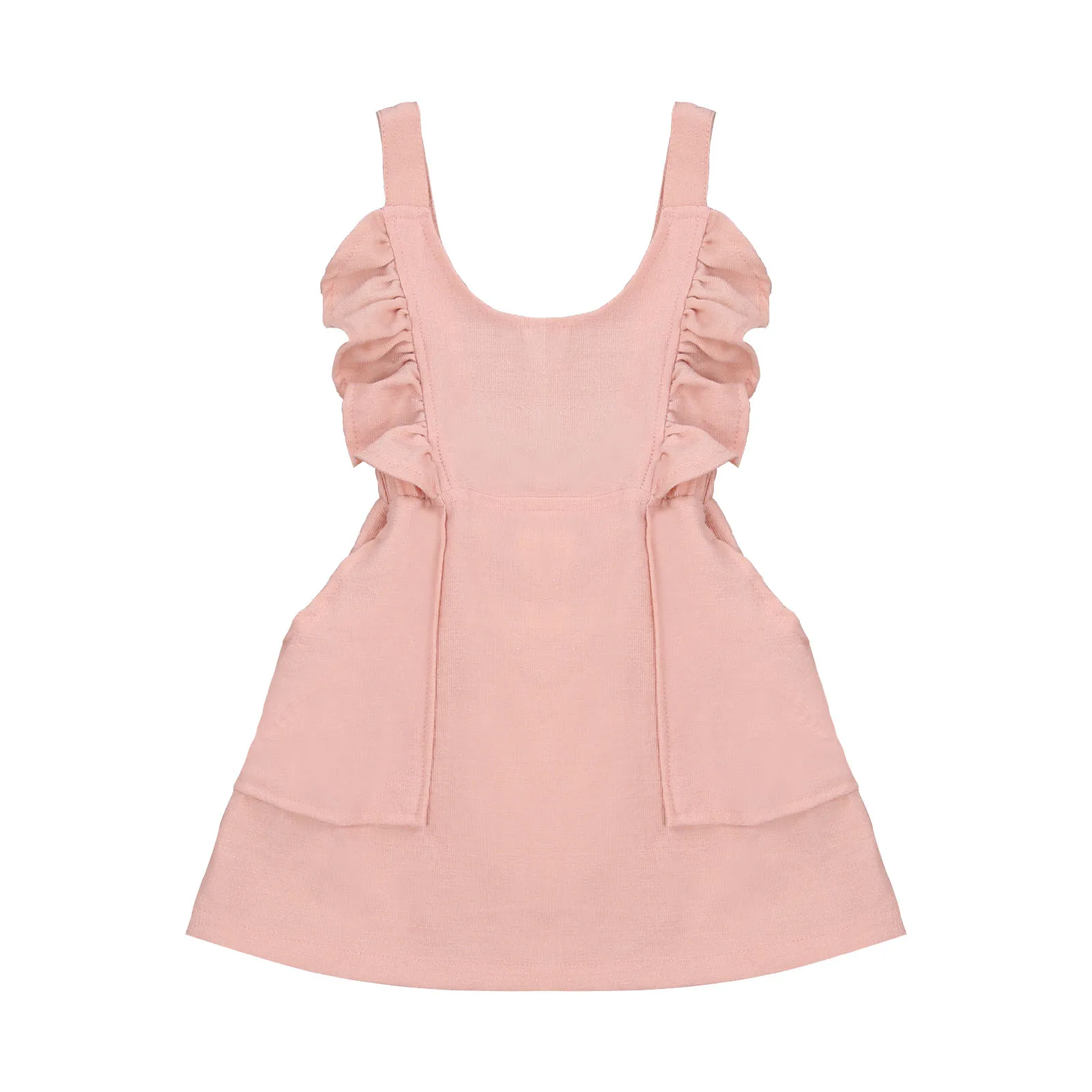 

Newborn Baby Girls Lovely Bib Strap Dress Ruffles Sleeve Solid Backless A-Line Mini Dresses 2 Colors Autumn