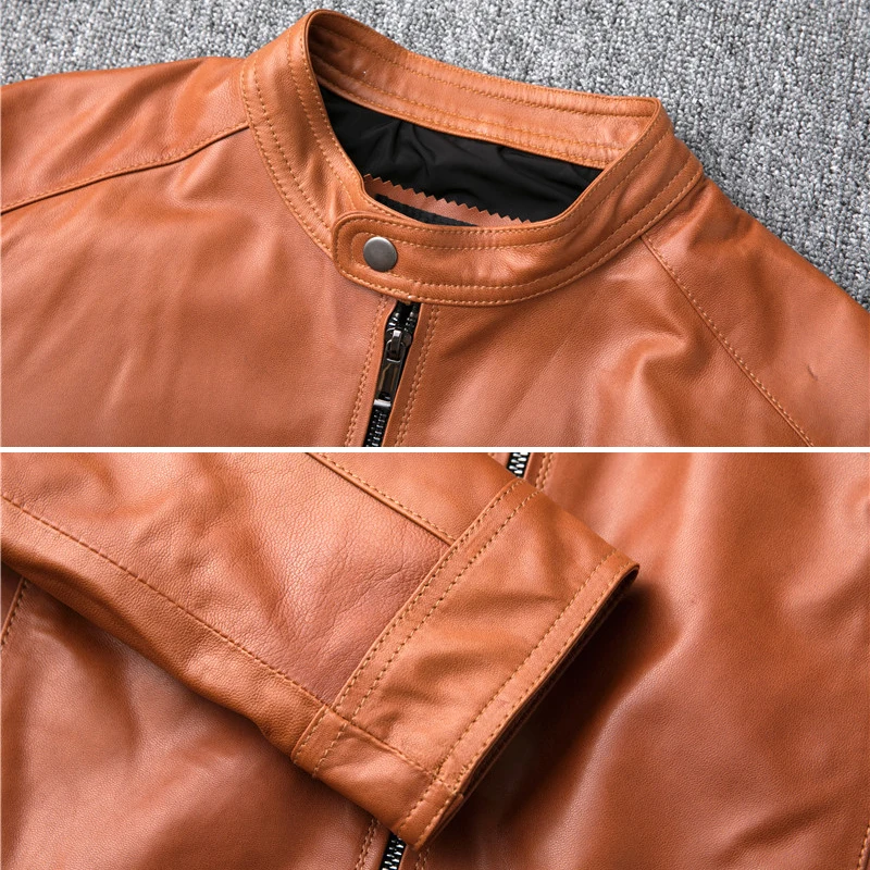 

Brown Plus Size 4XL Real Sheep Leather Jacket Men Casual Stand Collar Genuine Leather Slim Coat Motorcycle Sheepskin Overcoat