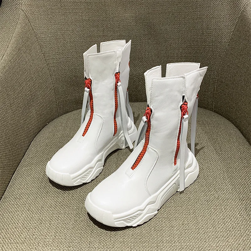 

England Pure Leather Versatile Muffin Shoes Thick Bottom Zipper Boots Women Tassel Round Head Solid Short Boots Single Shoes