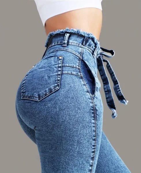 

Hot New Style Tassel Jeans For Women High Waist High Stretch Slim Fit Woman Denim Trousers Casual Belt Bandage Jeans