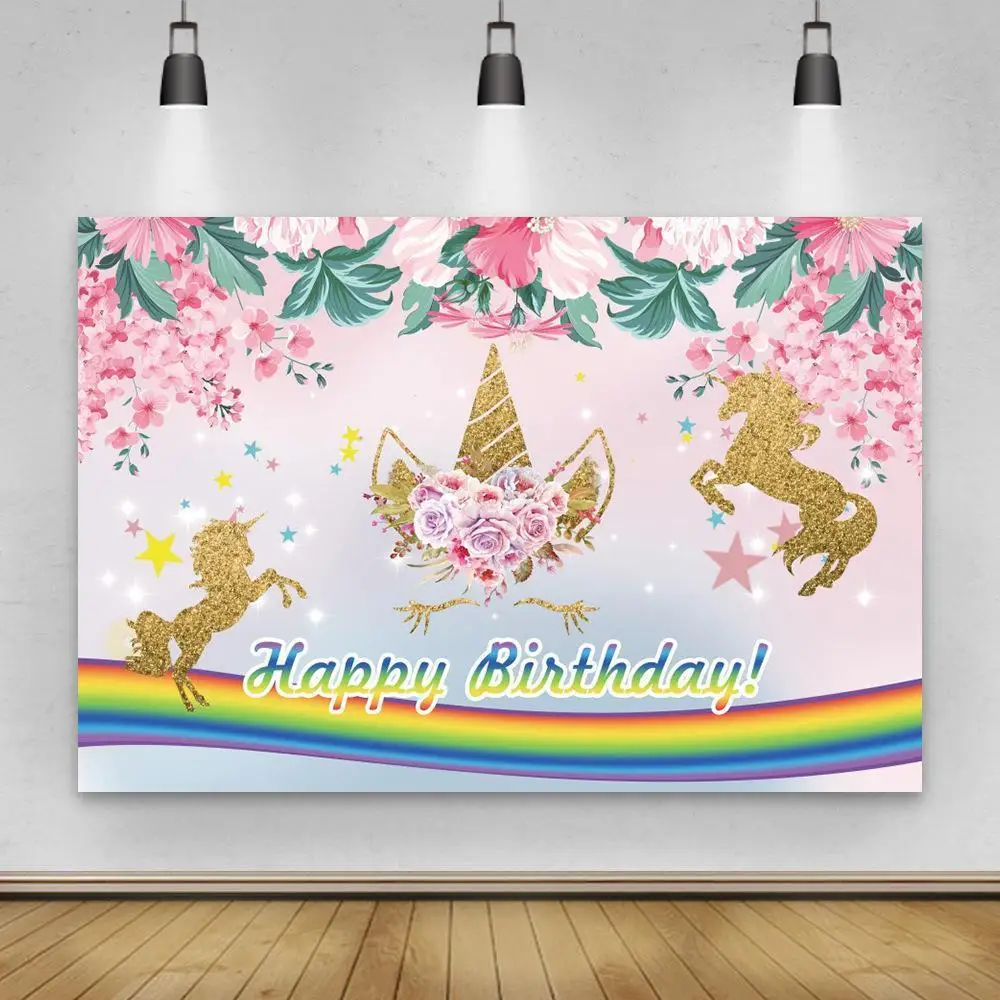 

Stars Floral Unicorn Rainbow Birthday Party Decor Backdrops Text Customize Flowers Girl Princess Cake Table Background Photo