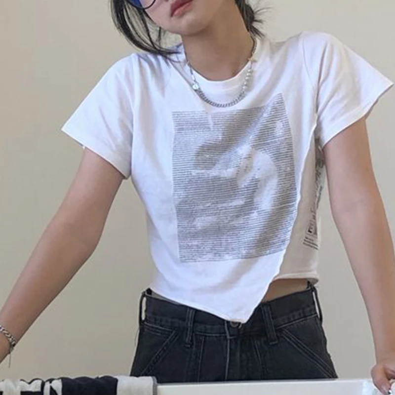 

Irregular Solid O-neck Short Sleeve T-shirt Women's Korean Fashion Slim Short T-shirts Woman Simplicity Basic Base Tees Women