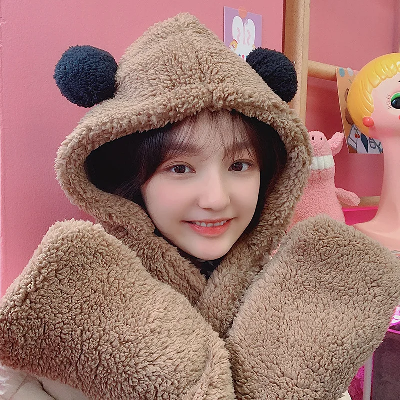 

Winter women's Novelty Caps Warm Cute Bear Ear Hat Casual Warm scarf Harajuku lovely girl street Kawaii style scarf