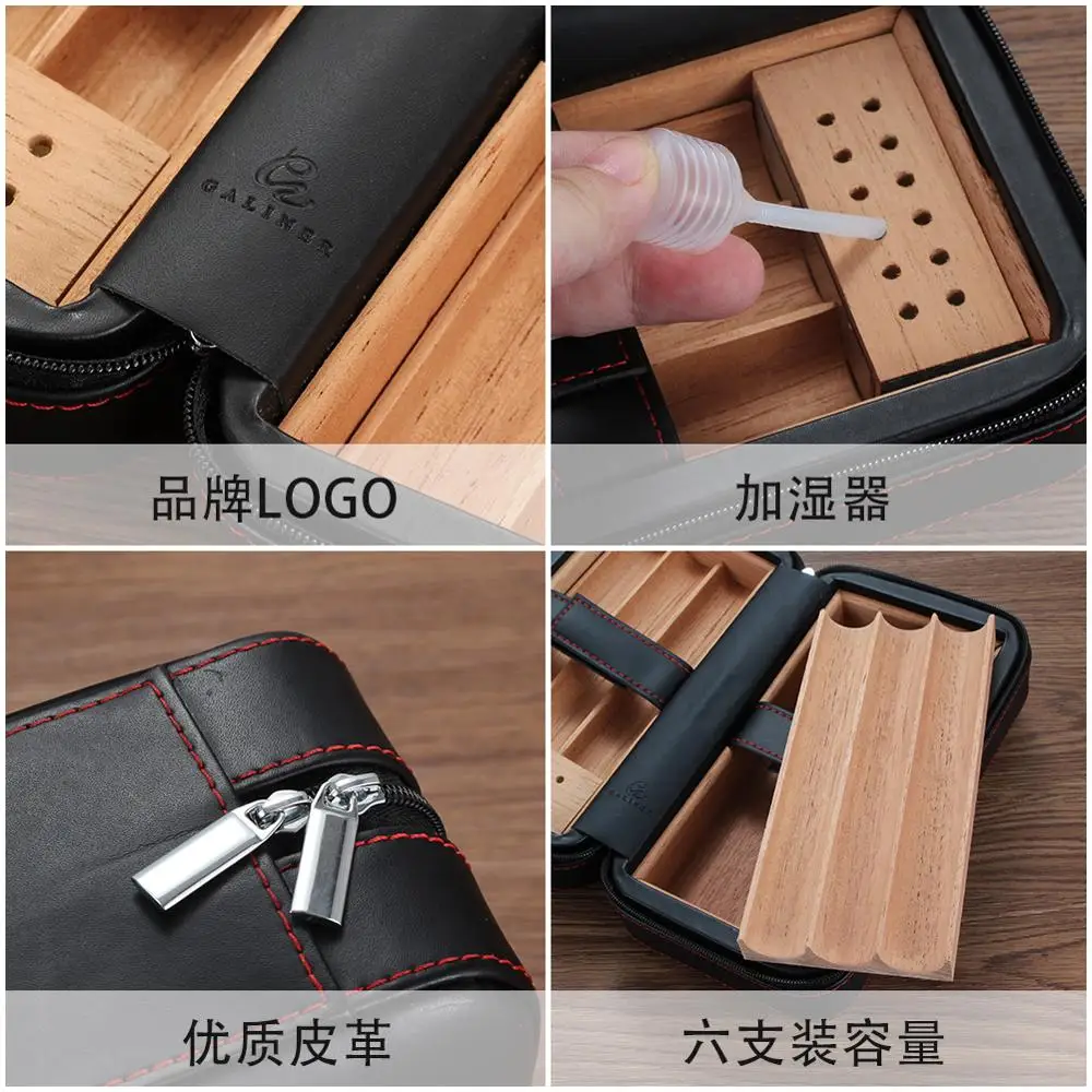 

Travel Cigar Humidor Box Leather Cigar Case Portable Cedar Wood Humidor Hold 6 Cigars With Humidifier