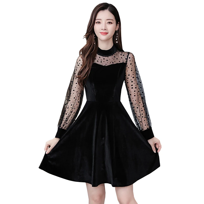 Новинка сексуальное женское черное бархатное платье в горошек Хепберн винтажное