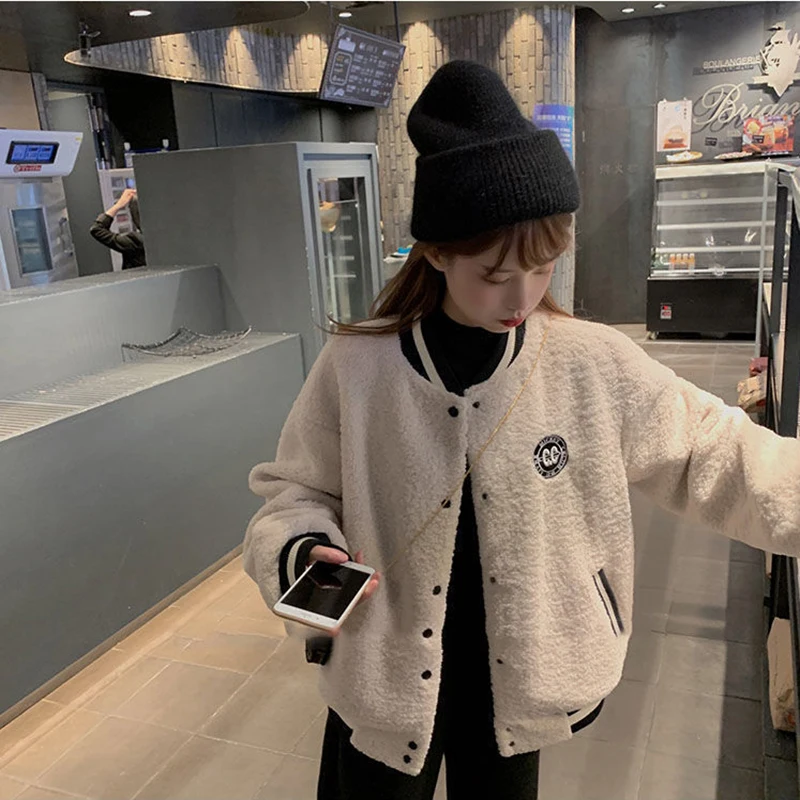 

American retro baseball suit female student autumn and winter Plush thickened imitation lamb wool coat loose top