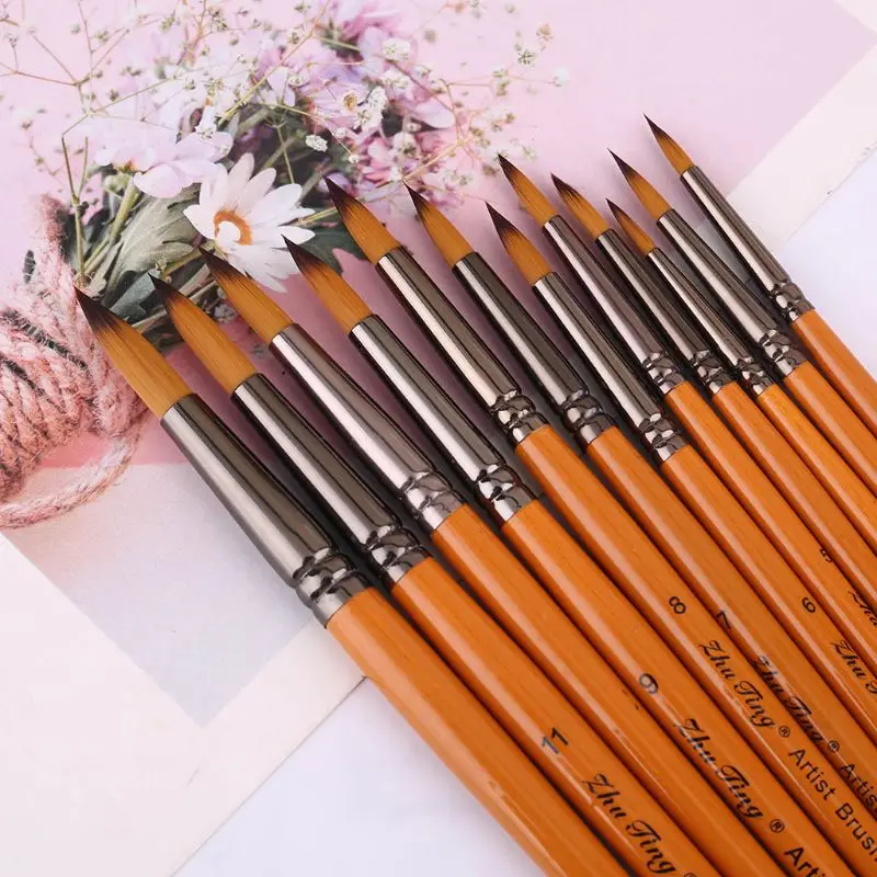 

12pcs/set Painting Brushes Nylon Hair Artist Watercolor Acrylic Gouache Paint Brush Fine Tip Stationery Art Supplies C26